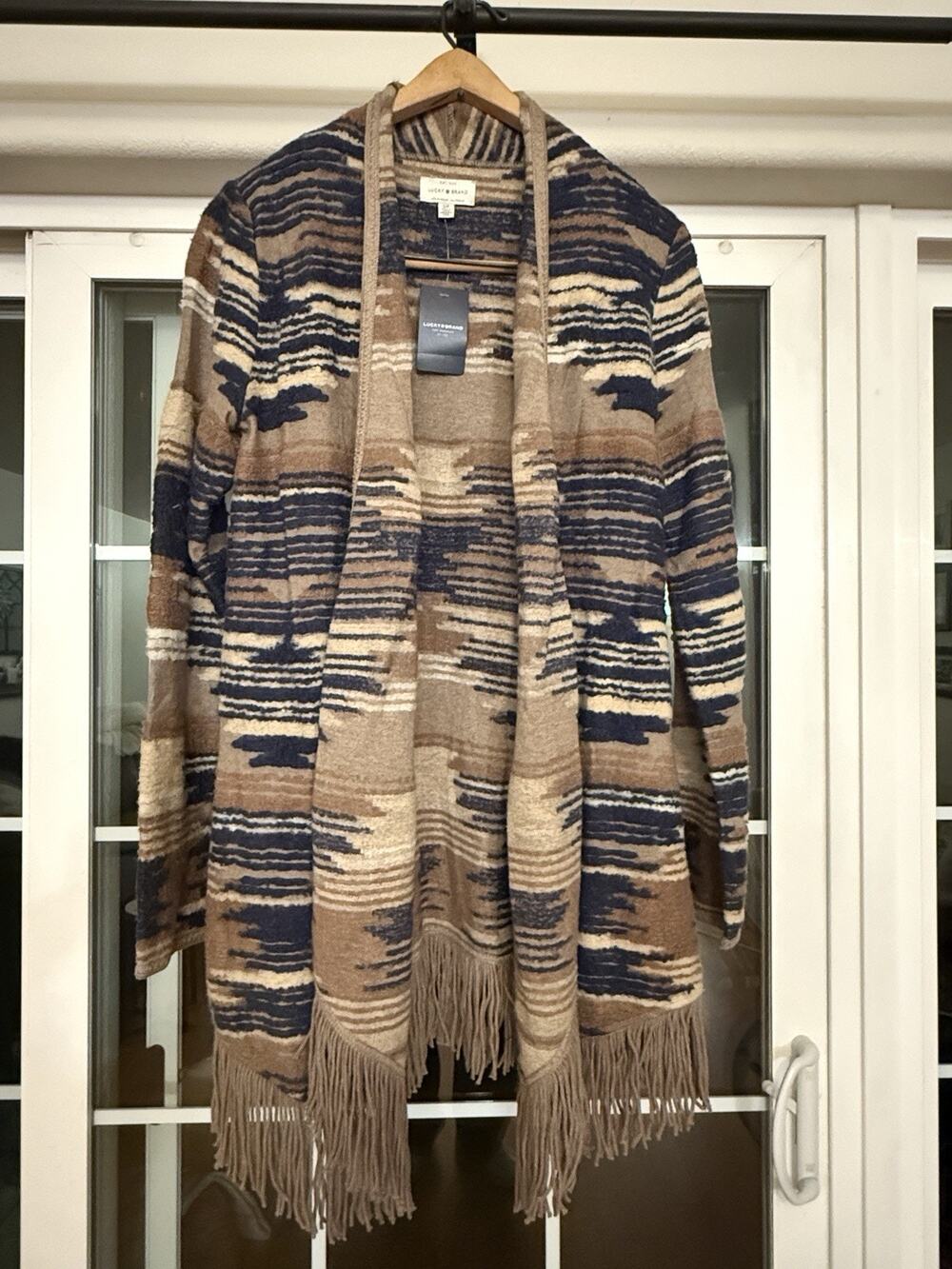 LUCKY BRAND Women’s S Open Cardigan Aztec Print Fringe Boho Southwest Cabincore
